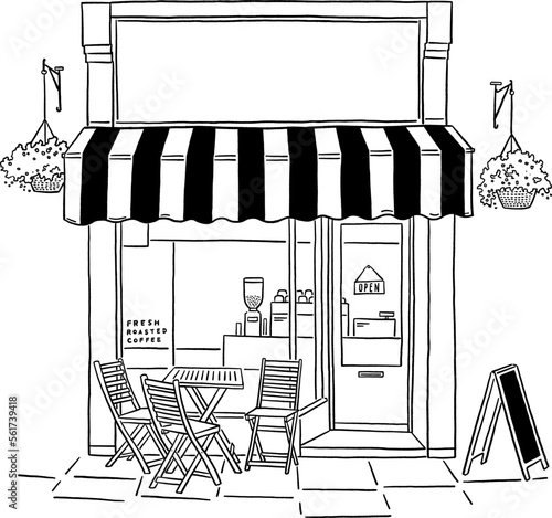 Cafe Front shop with table and seat Restaurant Business in city Hand drawn line art illustration