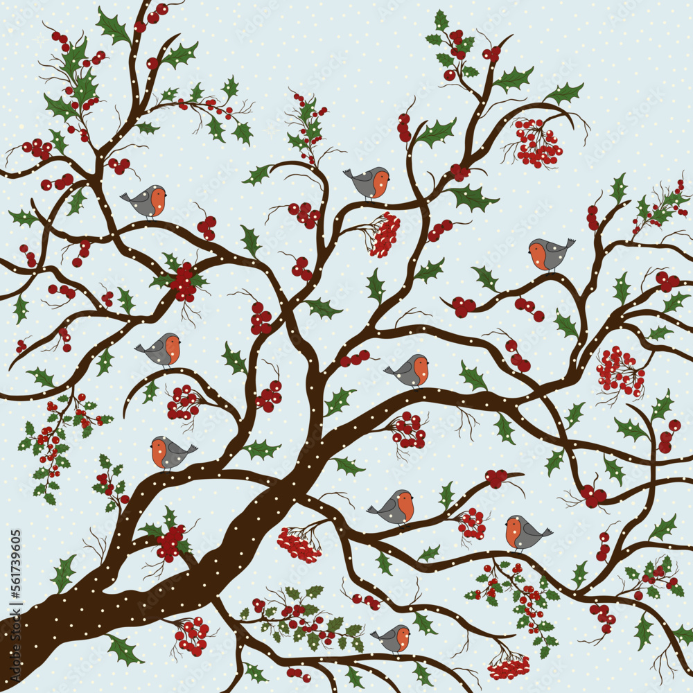 Greeting card with tree and birds and red berries in winter