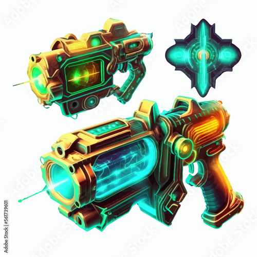 Laser blasters, space guns vfx effect with plasmic beams and rays. Isolated on background. Cartoon vector illustration