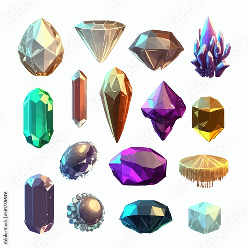 Magic crystals, precious gemstones with glow and sparkles. Isolated on background. Cartoon vector illustration