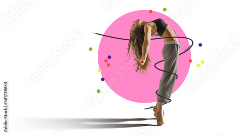 Urban dancing girl over dynamic colors and white background and jumping