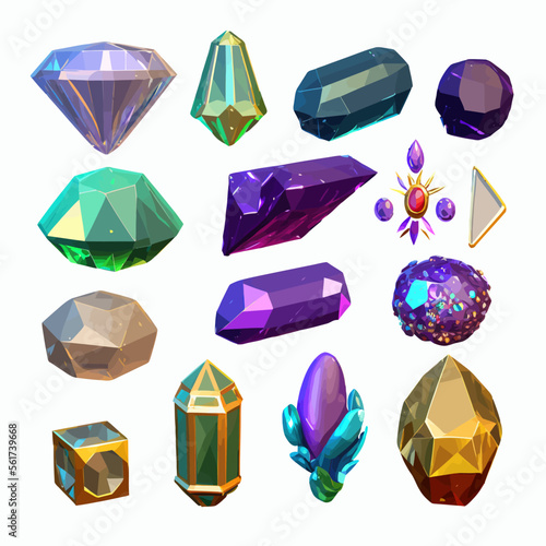 Magic crystals, precious gemstones with glow and sparkles. Isolated on background. Cartoon vector illustration