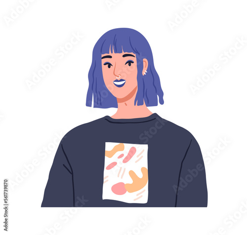Modern girl, face portrait. Young woman with dyed hair, fashion trendy hairstyle, nose ring, piercing. Happy smiling female character of gen Z. Flat vector illustration isolated on white background