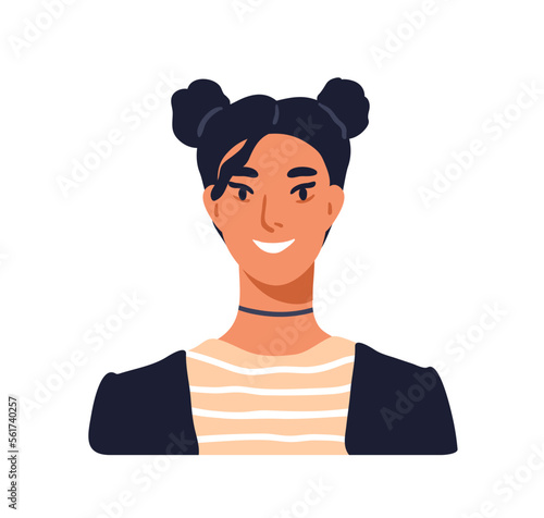 Happy young woman, face portrait. Beautiful attractive girl. Modern pretty female character with hair buns hairstyle, trendy choker accessory. Flat vector illustration isolated on white background