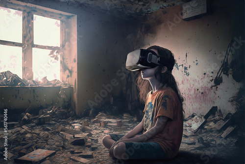 Young girl escapes poverty or misery into the virtual world - Generative AI photo