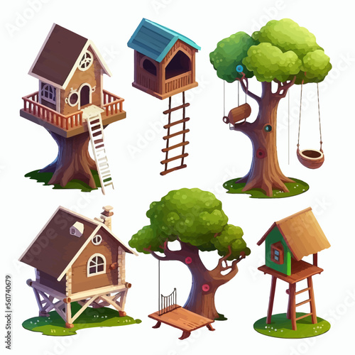 Wooden tree houses with ladder and swing for children. Isolated on background. Cartoon vector illustration