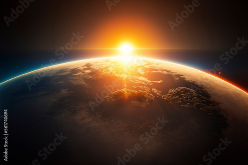 Sunrise view from space on Planet Earth. World rotating on its axis in black Universe in stars. Cities Lights at Night. Created with Generative AI technology.
