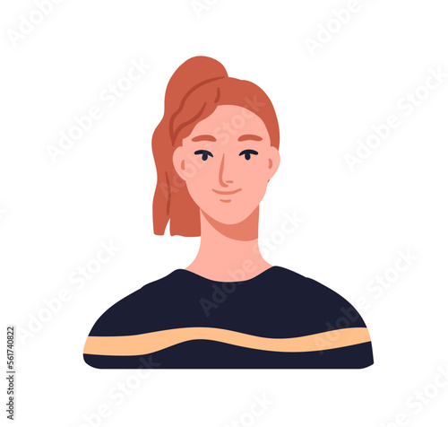 Young smiling woman, face portrait. Beautiful red-head girl. Modern pretty redhead female character with ponytail hairstyle. Flat vector illustration isolated on white background
