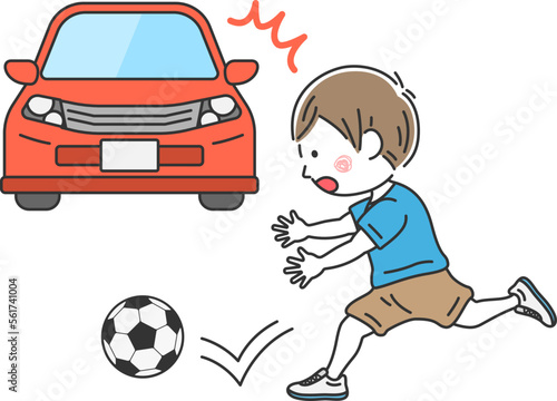 サッカーボールを追いかけて、道路に飛び出す、男の子のイラスト