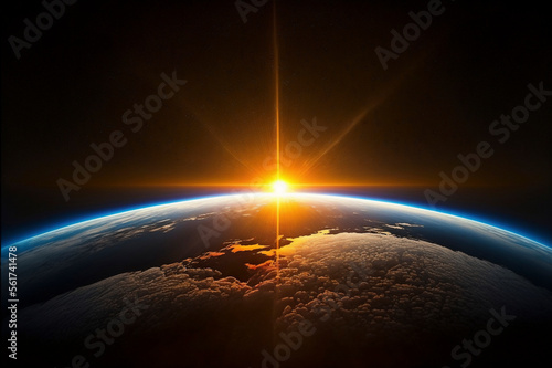 Sunrise view from space on Planet Earth. World rotating on its axis in black Universe in stars. Cities Lights at Night. Created with Generative AI technology.