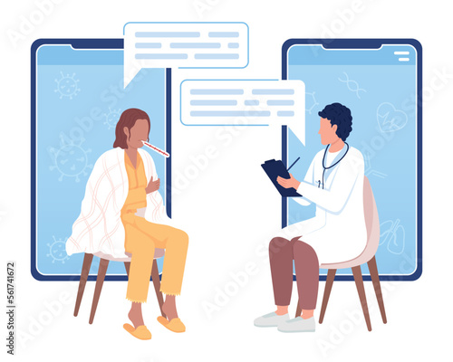 Visit doctor online flat concept vector illustration. Woman with fever. Cold illness. Editable 2D cartoon characters on white for web design. Creative idea for website, mobile, presentation