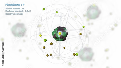 Atom of Phosphorus with 15 Electrons in infinite orbital rotation on white with atoms photo