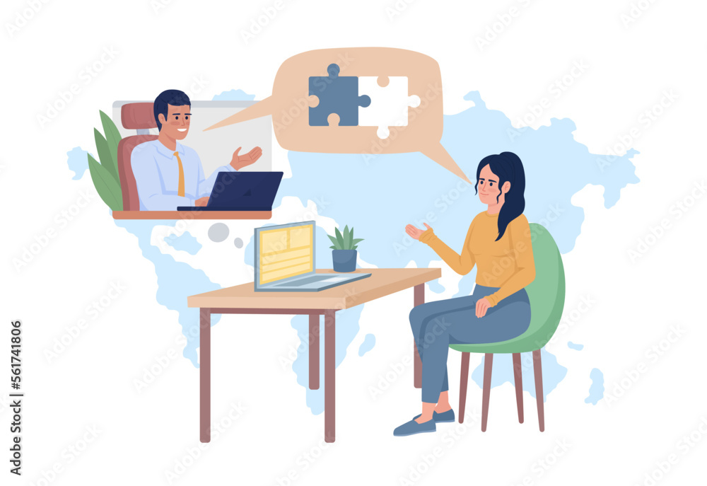 Virtual meeting 2D vector isolated illustration. Female employee working from home efficiently flat characters on cartoon background. Colorful editable scene for mobile, website, presentation Virtual meeting 2D vector isolated illustration. Female employee working from home efficiently flat characters on cartoon background. Colorful editable scene for mobile, website, presentation
