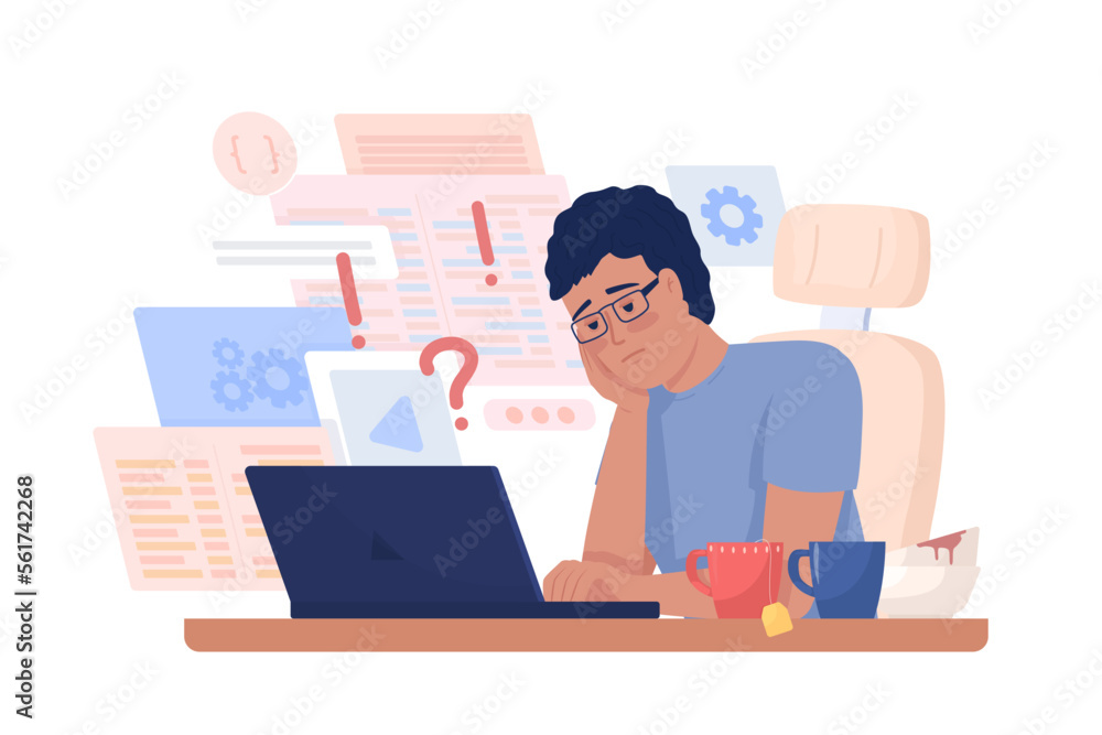 Overloaded with work software developer semi flat color vector character. Editable figure. Full body person on white. Simple cartoon style illustration for web graphic design and animation
