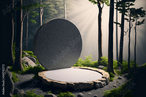Flat stone stage, gray rock pedestal for product display, green forest on the background, natural scenery landscape, soft light. Created with Generative AI technology.
