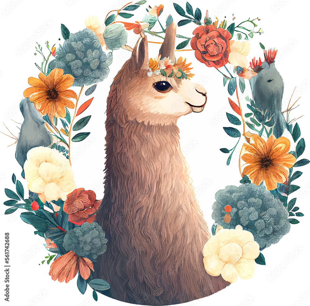 Fototapeta premium Cute Watercolor Funny Lama Background with Flower