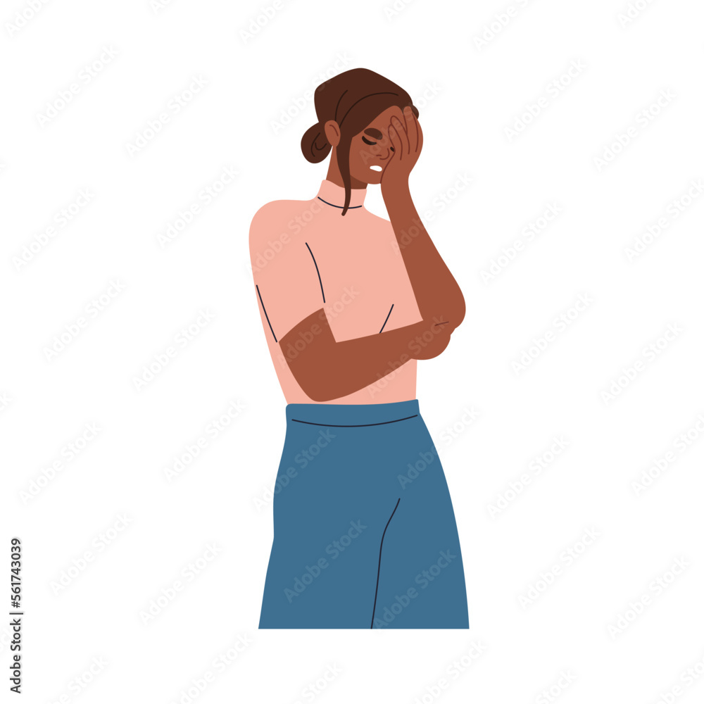 Embarrassed ashamed woman in frustration. Person hiding face with facepalm gesture. Female character forgot, failed, feeling shame, guilty. Flat vector illustration isolated on white background Embarrassed ashamed woman in frustration. Person hiding face with facepalm gesture. Female character forgot, failed, feeling shame, guilty. Flat vector illustration isolated on white background