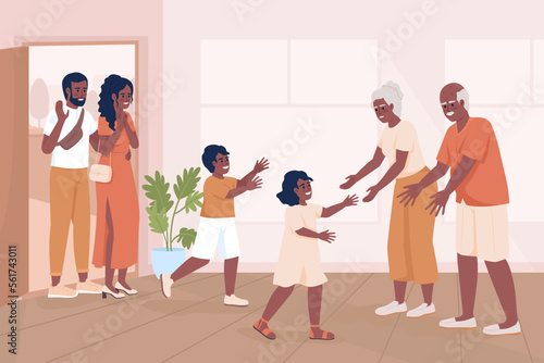 Multigenerational family meeting flat color vector illustration. Siblings visiting grandparents for weekend. Fully editable 2D simple cartoon characters with cozy home interior on background
