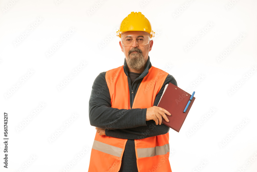 Professional engineer inspector foreman at work , construction manager working in manufacturing technology, man at work concept, on white background in yellow helmet and orange vest. Professional engineer inspector foreman at work , construction manager working in manufacturing technology, man at work concept, on white background in yellow helmet and orange vest.
