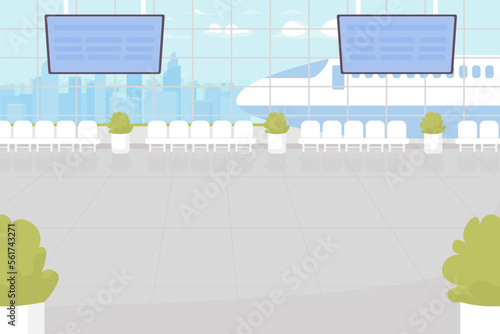 Airport terminal flat color vector illustration. Waiting area for passengers. Departure lounge. Vacation trip. Fully editable 2D simple cartoon interior with large windows and airliner on background