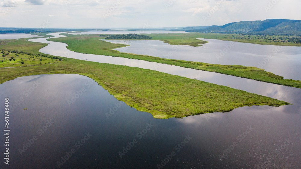 Aerial view of River Nile leaving Uganda and entering in South Sudan, Africa