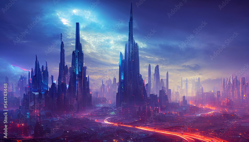 A future cyberpunk city from orbit at night, cars aglow and towering skyscrapers, set against a backdrop of clouds and landscapes.