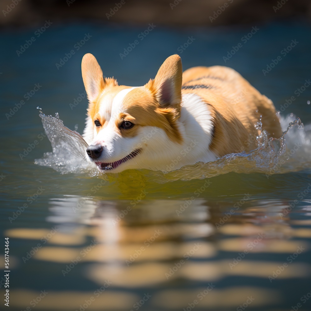Obraz premium Corgi swimming cute.Generative AI