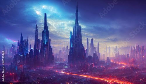 A future cyberpunk city from orbit at night  cars aglow and towering skyscrapers  set against a backdrop of clouds and landscapes.