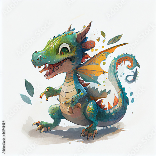 Cartoon. Cute dragon smiling. generative ai