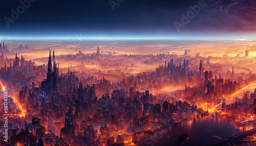 An orbital view of a cyberpunk city of the future, lit up by cars and towering skyscrapers, with clouds and landscapes as a backdrop.