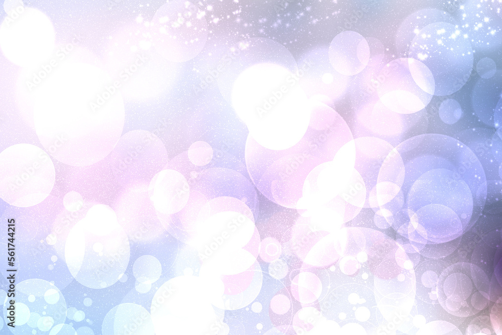 Abstract blurred festive delicate winter christmas or Happy New Year background with shiny blue pink and white bokeh lighted stars. Space for your design. Card concept.