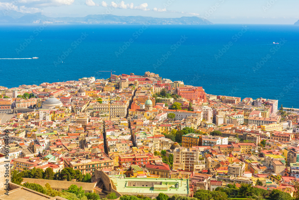 Aerial view of Naples city with Mediterranean sea, Campania, Italy. Cityscape of Napoli