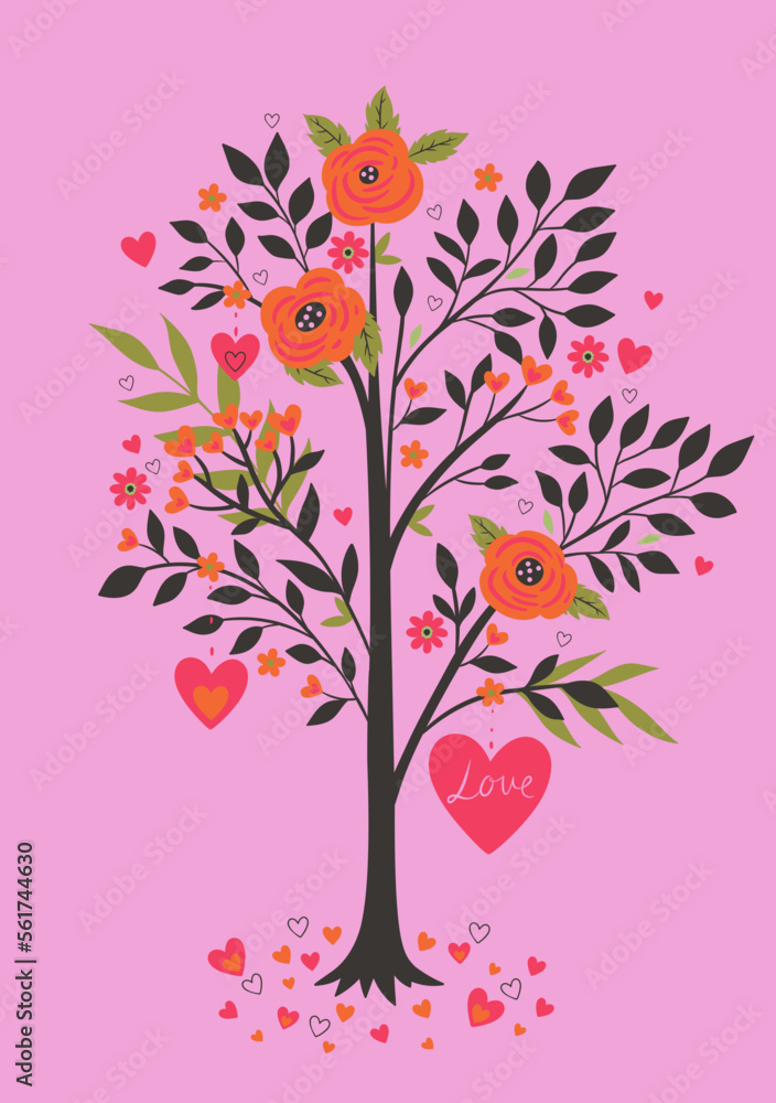 Valentine's day card with tree of hearts and flowers. Vector graphics.