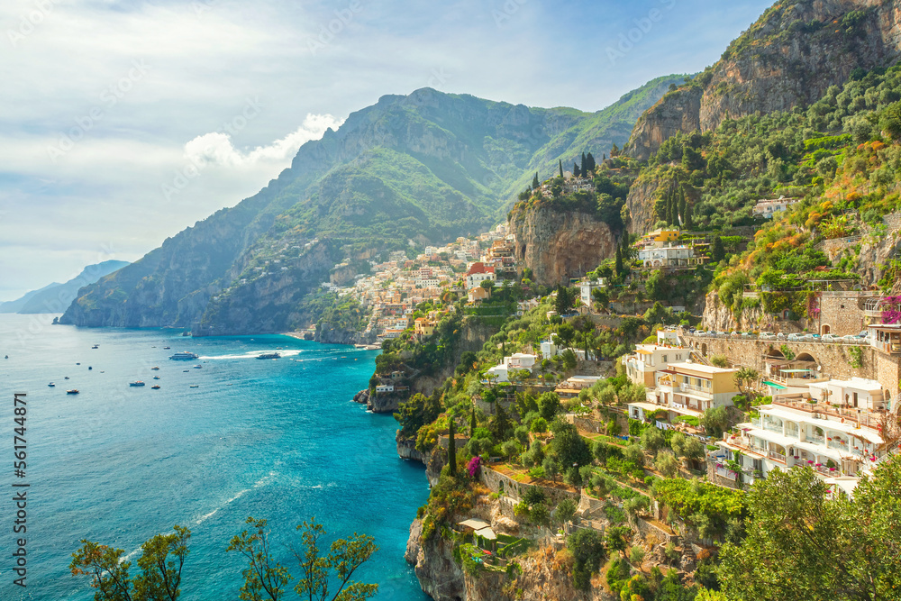 Famous Amalfi coast with Positano town and Mediterranean sea, Campania, Italy. Popular summer resort