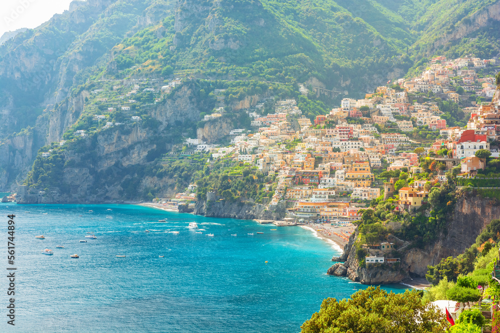 Beautiful view of Positano town on Amalfi Coast in Campania, Italy with sandy beach and mediterranean sea