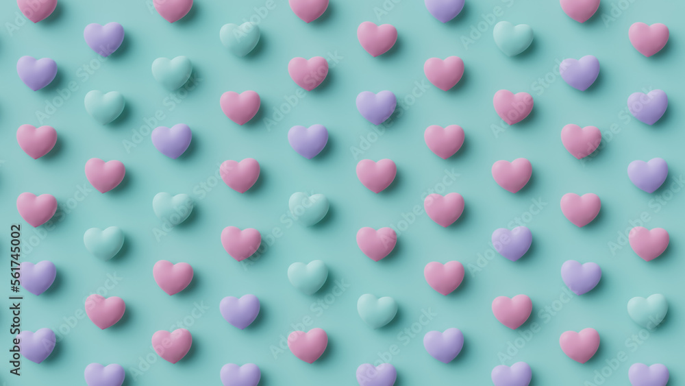 Multicolored Heart background. Valentine Wallpaper with Pink, Violet and Turquoise love hearts. 3D Render Multicolored Heart background. Valentine Wallpaper with Pink, Violet and Turquoise love hearts. 3D Render
