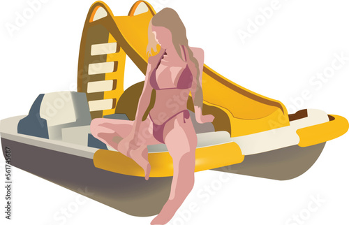 girl in bikini bored sitting on pedal boat-