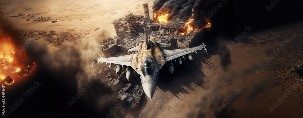 aerial high view of a generic military fighter jet crosses over a target bombing location during a special operation, wide poster design with copy space area