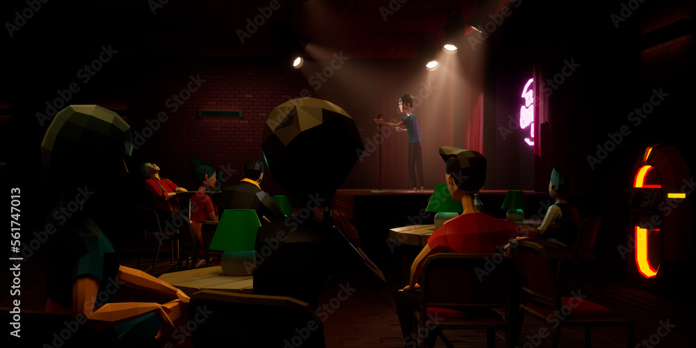 People playing as avatars watching live comedian performing stand-up monologue on a stage VR comedy club in metaverse People playing as avatars watching live comedian performing stand-up monologue on a stage VR comedy club in metaverse