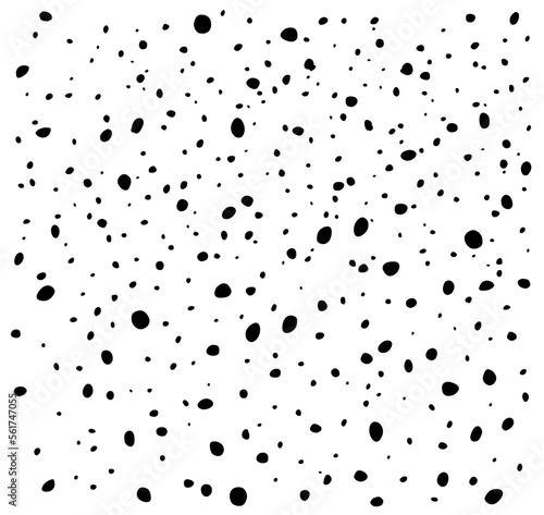 Background with irregular, chaotic dots, points, circle. Random halftone. Pointillism style. Black and white colour. Vector illustration 