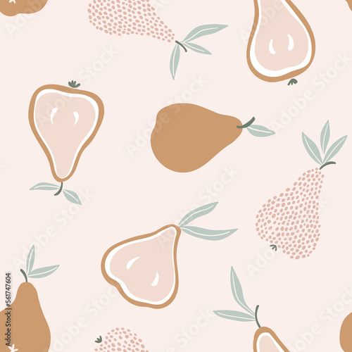 Fruit seamless pattern in hand-drawn style. Pear repeat background in pastel pink colors. Natural fabric design.