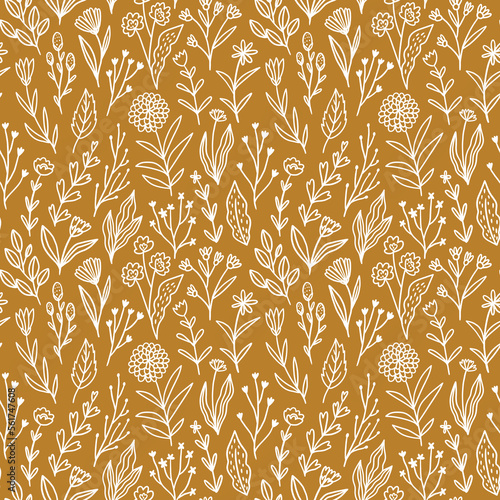  Floral seamless pattern in hand-drawn style. Meadow flowers in mustard background. Simple fabric design. vector illustration.