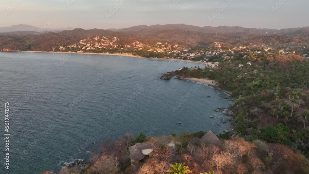 San Pancho town, Mexico. Landscape View Of San Francisco Nayarit Beach. Aerial drone fly above view high resolution 4k San Pancho town, Mexico. Landscape View Of San Francisco Nayarit Beach. Aerial drone fly above view high resolution 4k