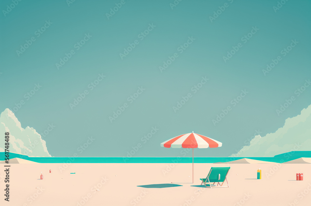 Minimal summer beach landscape with copy space blue sky background. Illustration graphic design. Generative ai. 
