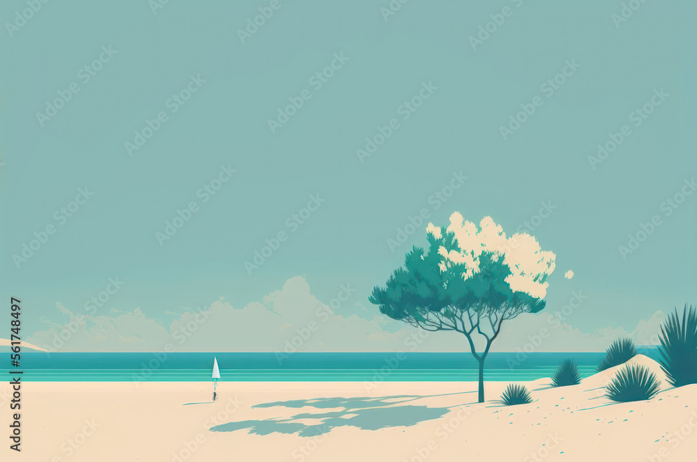 Minimal summer beach landscape with copy space blue sky background. Illustration graphic design. Generative ai.
Minimal summer beach landscape with copy space blue sky background. Illustration graphic design. Generative ai.