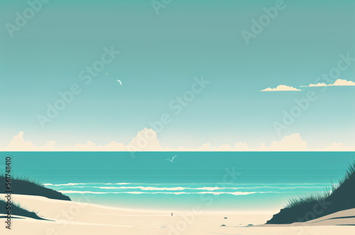 Minimal summer beach landscape with copy space blue sky background. Illustration graphic design. Generative ai. 