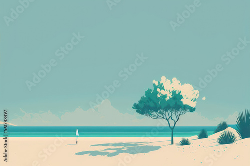 Minimal summer beach landscape with copy space blue sky background. Illustration graphic design. Generative ai. 