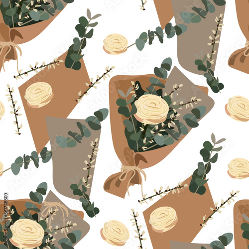 A pattern of a beautiful gift bouquet and its parts in a flat style. A bouquet in a craft package of white roses and eucalyptus. Printing on paper and textiles. Holiday gift packaging