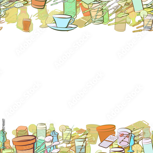 Background pattern abstract design texture. Drinks and Cutlery. Horizontal seamless stripes. Border frame, transparent background. Theme is about thread, meat fork, drinking straw, forceps