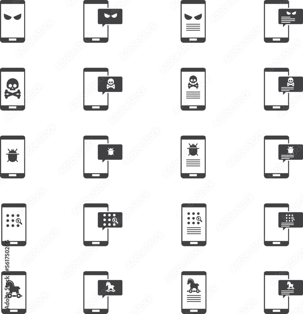 Malware notification on mobile phone. Virus, malware, email fraud, e-mail spam, phishing scam, hacker attack concept. Vector illustration. Icons set. Malware notification on mobile phone. Virus, malware, email fraud, e-mail spam, phishing scam, hacker attack concept. Vector illustration. Icons set.